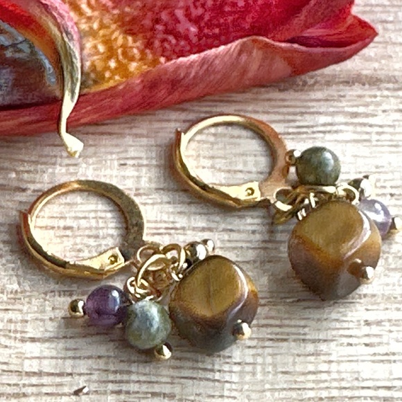 Gold Hoop Gemstone Earrings • Tiger’s Eye & Amethyst - Picture 2 of 11